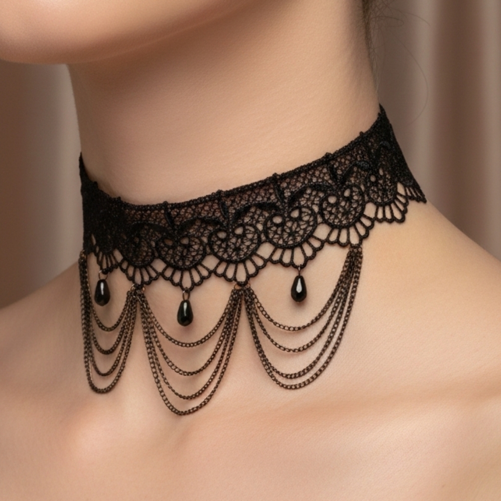 ♠️ Gothic Elegant Black Lace Choker Necklace Dangle Beaded New
